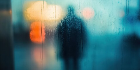 Naklejka premium man through frosted glass or a translucent surface, blurring the subject behind it into soft shapes and shadows