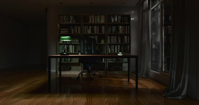 3d render of study room, home, office or library background with book shelf in night