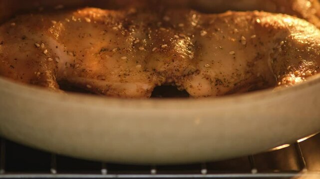 Roasted chicken leg with sesame seeds and herbs in a baking dish inside an oven. Close-up food time lapse