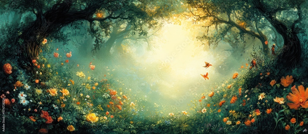 Poster a magical forest scene with sunlight streaming through the trees and colorful flowers blooming on th