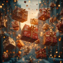 Christmas Floating Gift Boxes with Lights and Snowflakes