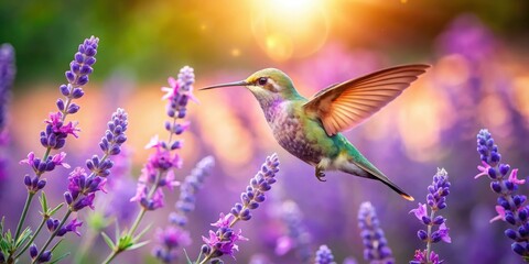 Naklejka premium Spring Bliss: Hummingbird Among Lavender Flowers for Vibrant Product Photography