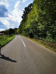 Fototapeta premium A winding rural road surrounded by lush greenery under a bright sky in the countryside during late afternoon