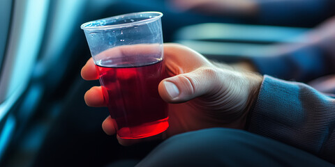 Closeup of man's hand holding red wine in a plastic cup during flight. Flying anxiety or flight phobia concept.