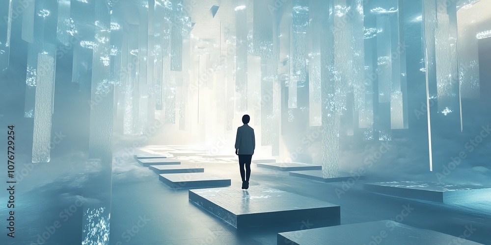Poster futuristic dreamscape with man walking on floating platforms in ethereal light