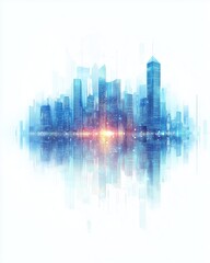 Obraz premium Soft blues and purples blend as glowing skyscrapers rise above a tranquil reflection, forming an urban dream