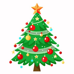 Christmas tree illustration with red and gold ornaments, a star on top, and green garlands. Perfect for festive designs, greeting cards, and holiday marketing materials.