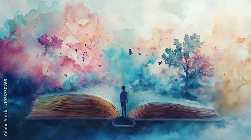 Poster a man is standing in front of a book that is open to a page with a tree on it