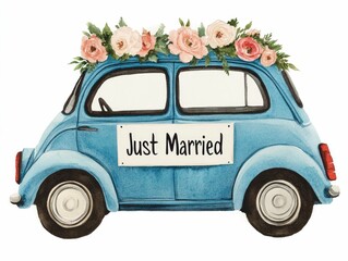 Whimsical watercolor of a decorated wedding car with colorful floral arrangements and a  Just Married  sign against a clean white background  Romantic and festive design for wedding love