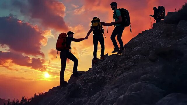 A group of hikers assisting each other while climbing a rocky path against a stunning sunset backdrop, symbolizing teamwork and adventure in nature.