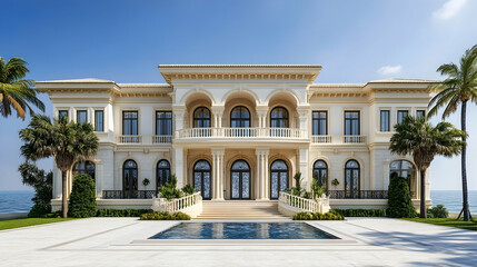 Fototapeta premium Florida Keys oceanfront villa with private marina and tropical gardens, modern Mediterranean estate with sunset views