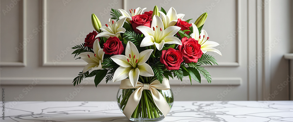 Poster a vase of flowers with red and white flowers in it. the flowers are arranged in a way that makes the