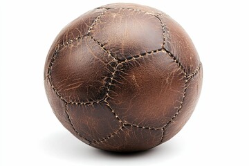 Worn Brown Leather Soccer Ball with Stitched Panels