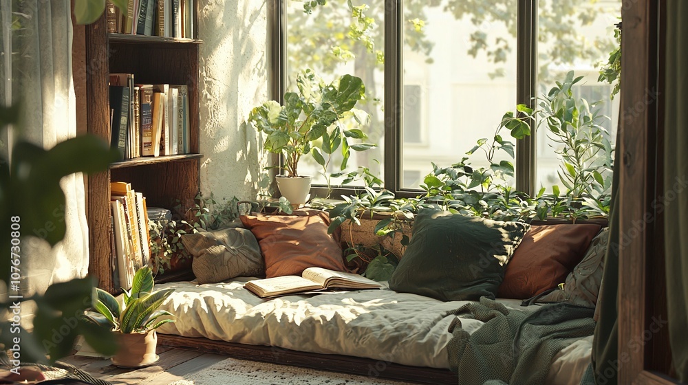 Poster cozy reading nook with sunlight and plants creating a serene and inviting atmosphere.