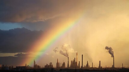 Fototapeta premium A vibrant rainbow arches over an industrial landscape, contrasted by smokestacks releasing emissions into a dramatic sky.