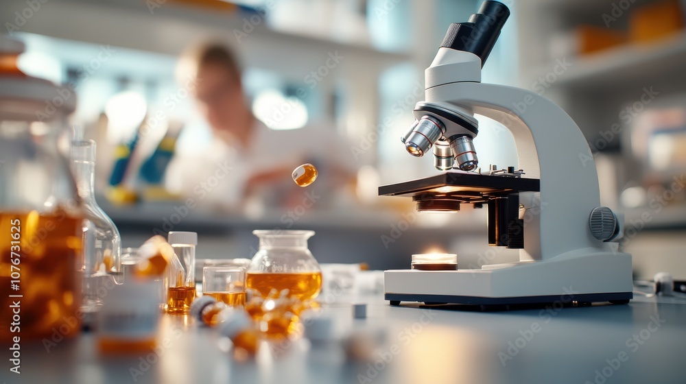 Aufkleber the microscope is in sharp focus on a lab table, while a blurred scientist works in the background, 