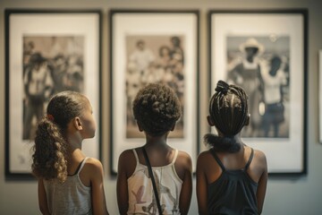 Three black children in the museum look at pictures of Black people from history in natural light.