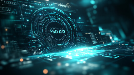Exploring the futuristic digital landscape on PSO Day featuring vibrant blue circuitry and holographic designs.