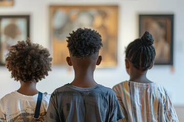 Three black children in the museum look at pictures of Black people from history in natural light.