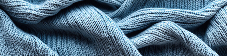 Cozy light blue knitted fabric drapes gracefully, showcasing texture and warmth in a soft, inviting display during chilly weather. Generative AI