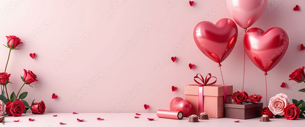 Poster a pink background with three red balloons and three red boxes with hearts on them. the balloons and 