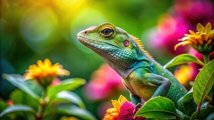 Fototapeta premium Stunning Close-Up of a Colorful Lizard in a Lush Garden Setting - Nature Photography