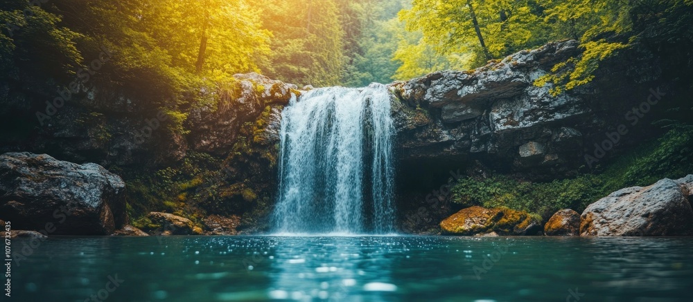 Poster tranquil waterfall cascading into a serene pool surrounded by lush greenery.