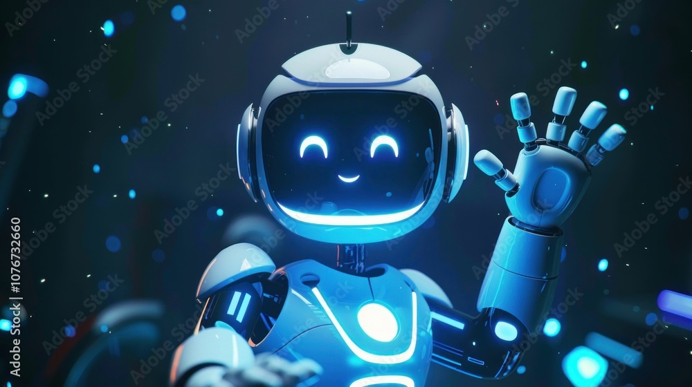 Poster Cute robotic character with a smiling face and glowing blue accents in a futuristic setting, surrounded by a dynamic blue and dark background creating a cheerful atmosphere