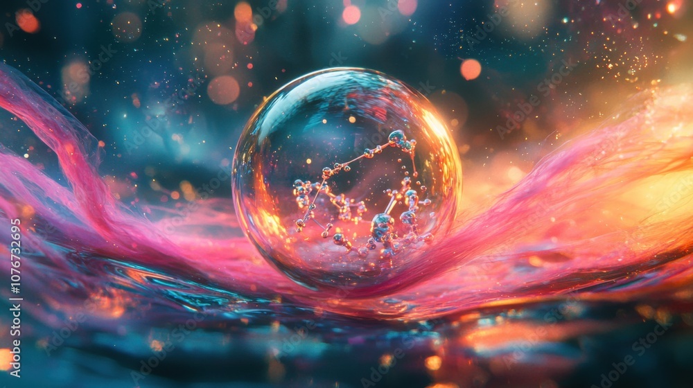 Poster colorful bubble with bokeh and fluid motion effect