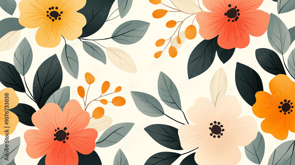 Poster abstract background vibrant floral pattern featuring soft earth tones with various flowers and leave