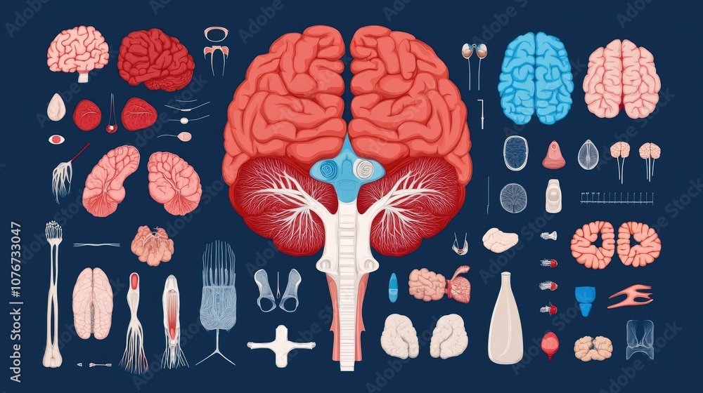 Poster anatomical of the human brain structure and cognitive functions displayed in a flat design style rep
