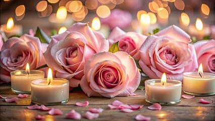 Romantic Pink Roses and Elegant Candles for Valentine's Day, Wedding, and Spa Settings - A Beautiful Bouquet of Flowers to Express Love and Beauty