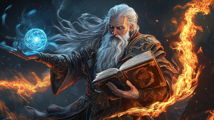 Powerful sorcerer conjuring magic in a mystical realm