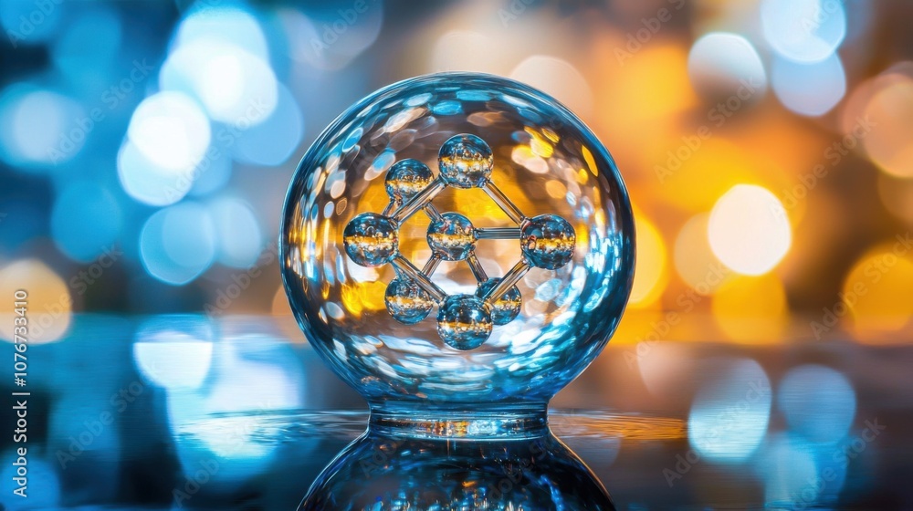 Poster crystal ball with molecular structure and bokeh background