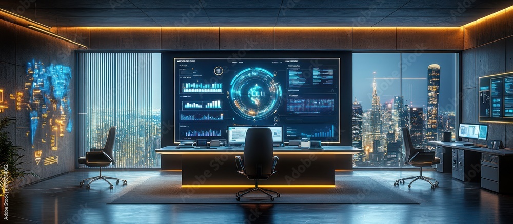 Poster modern office interior with a large screen displaying global data and a view of the city skyline at 