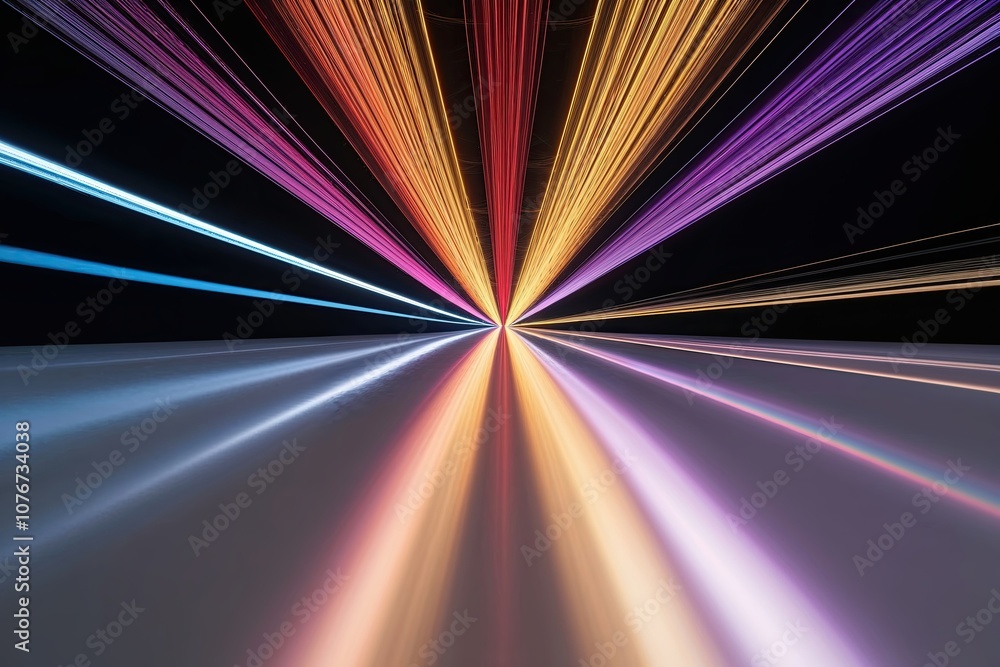 Poster vibrant color streams radiating from a central point creating a soft glow on a smooth surface