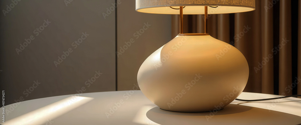 Poster a lamp is sitting on a table in a room. the lamp is white and has a round shape. the room is well li