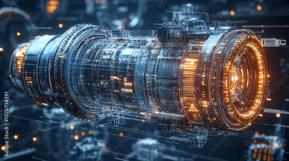 Poster futuristic mechanical engine core 3d model design with intricate details and glowing elements, showc