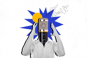 Picture collage poster of worried nervous faceless guy irritated loud voice sound microphone...