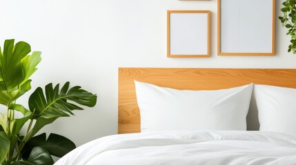 A minimalist bedroom presents a natural wood headboard, crisp white bedding, framed art, and a large leafy plant, fostering a peaceful and artistic ambiance.