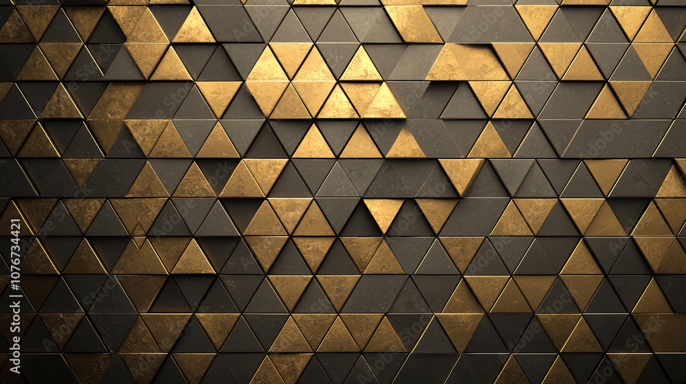 Poster abstract background triangular pattern in metallic tones, featuring gold and dark shades, creates st