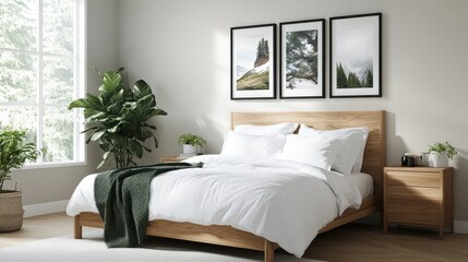 A harmonious bedroom allures with its elegant white bed, wooden headboard, soft linens, nature-themed wall art, and vibrant plant accents, radiating calm and warmth.