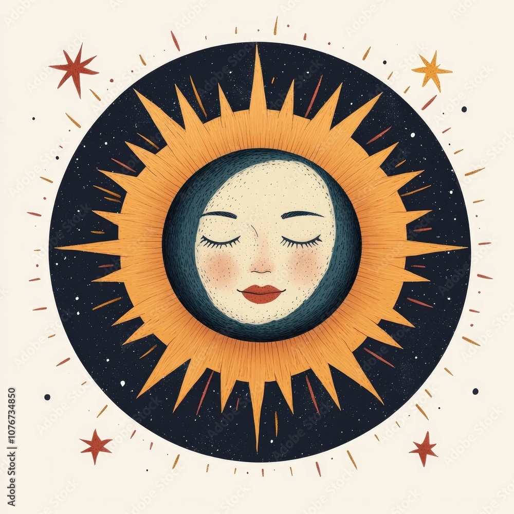Poster minimalist celestial composition featuring abstract geometric sun and moon shapes in soft muted colo