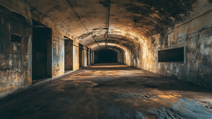 Fototapeta premium Eerie Underground Concrete Corridor with Long Perspective and Minimal Lighting for Industrial or Dystopian Concepts. Generative AI