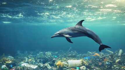 Obraz premium A dolphin swims through polluted waters filled with trash, highlighting the urgent issue of ocean pollution and its impact on marine life.