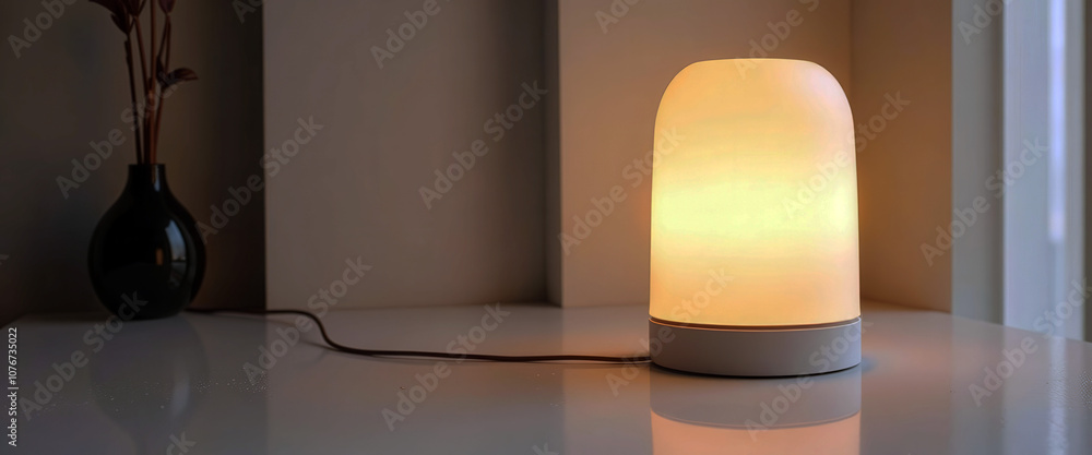 Poster a lamp is sitting on a table in a room. the lamp is white and has a round shape. the room is well li