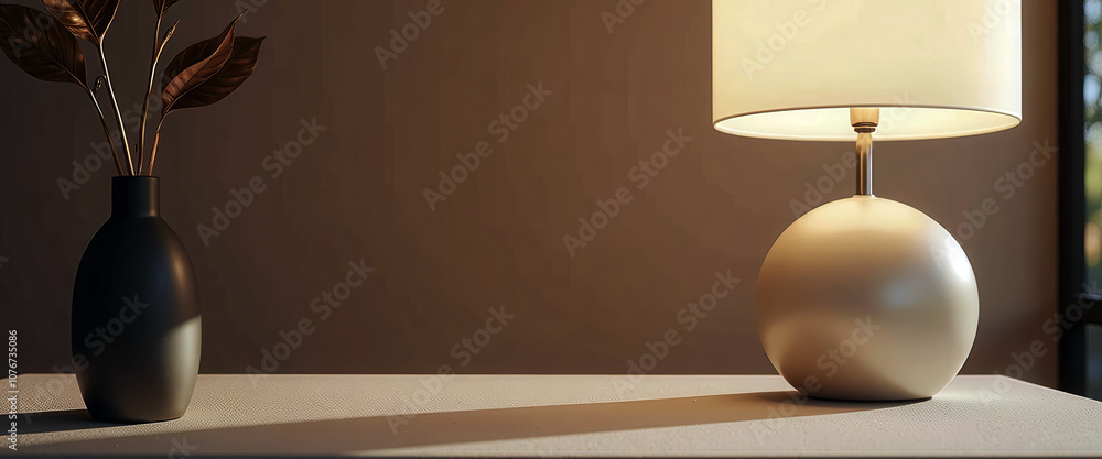 Poster a lamp is sitting on a table in a room. the lamp is white and has a round shape. the room is well li