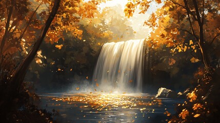 Fototapeta premium A beautiful waterfall surrounded by dense autumn trees, with golden leaves floating on the water and sunlight streaming through the canopy