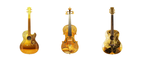 Opulent gold guitars and cello, featuring detailed engravings and sophisticated designs.