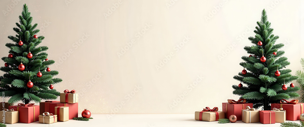 Poster a christmas tree with red and green ornaments sits in front of a white wall. the tree is surrounded 